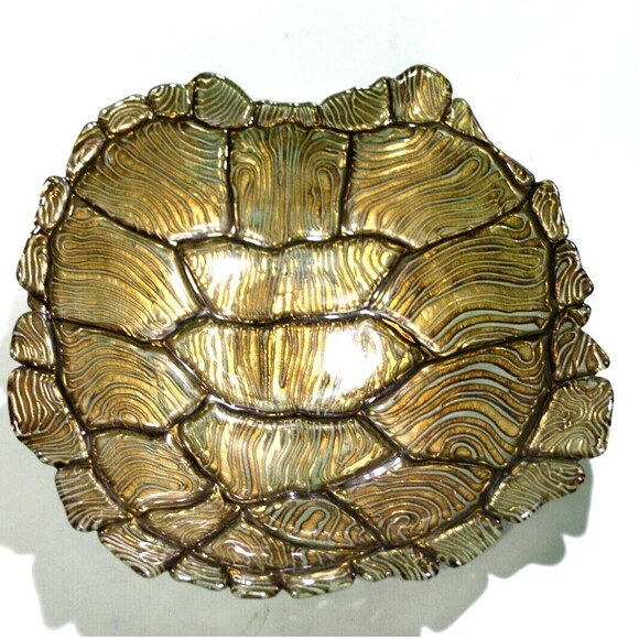 Turtle Tortoise Glass Shell Serving Bowl Platter Silver Green Gold 13 Inch